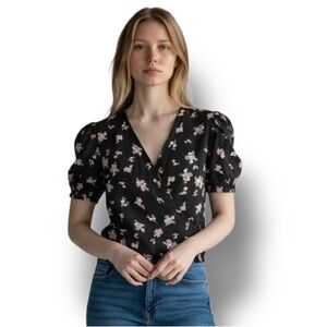 Madison & Hudson Women’s Short Sleeve Wrap Front Blouse Girly Black Floral L NWT